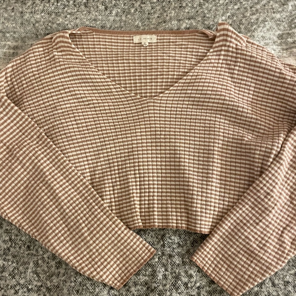 Brown and White Checkered V-Neck Sweater
